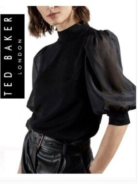 Ted Baker Micaeli Black Organza Puff Sleeve Top Gold Zip Size 2 (M)